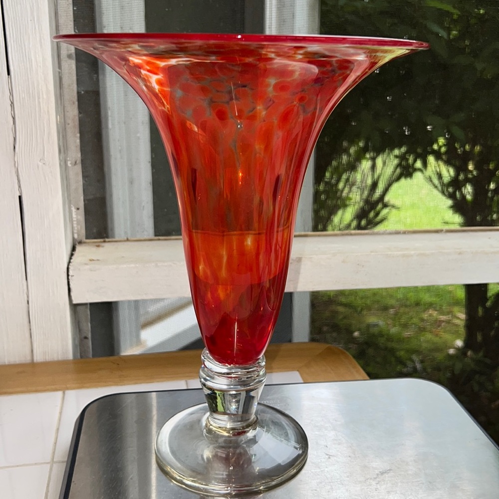Vintage Cranberry & Clear Splattered Footed Art Glass Vase Signed - Picture 1 of 6